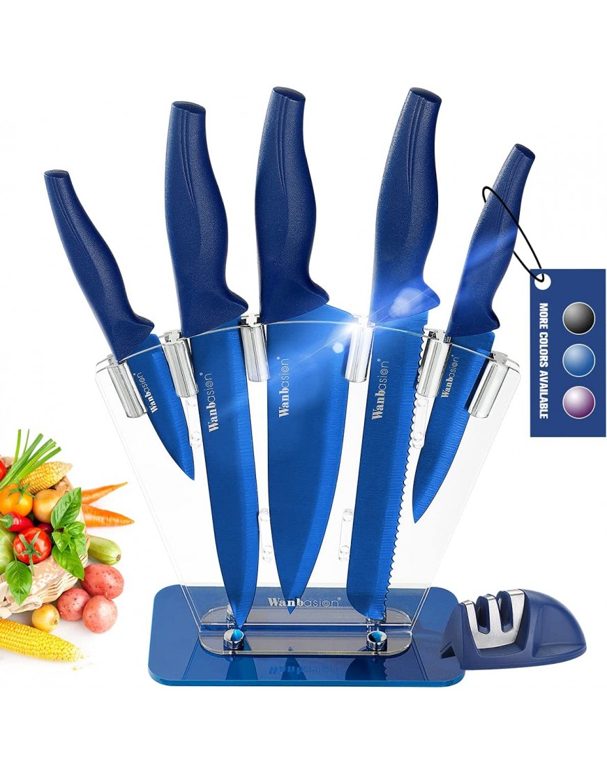 Wanbasion Bleu Bloc de Couteaux de Cuisine avec Support Acrylique Set de Couteaux Cuisine en Acier Inoxydable Couteau Cuisine Professionnelle Chef 7pcs B08T95GVV5