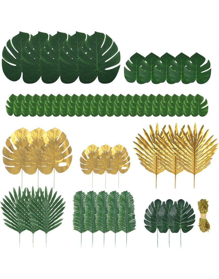 Lot 60 feuilles de palmier artificielles et plantes tropicales de 9 types différents utilisées pour les thèmes de la jungle les fêtes hawaïennes les anniversaires les arrangements floraux B08K3KMVWL