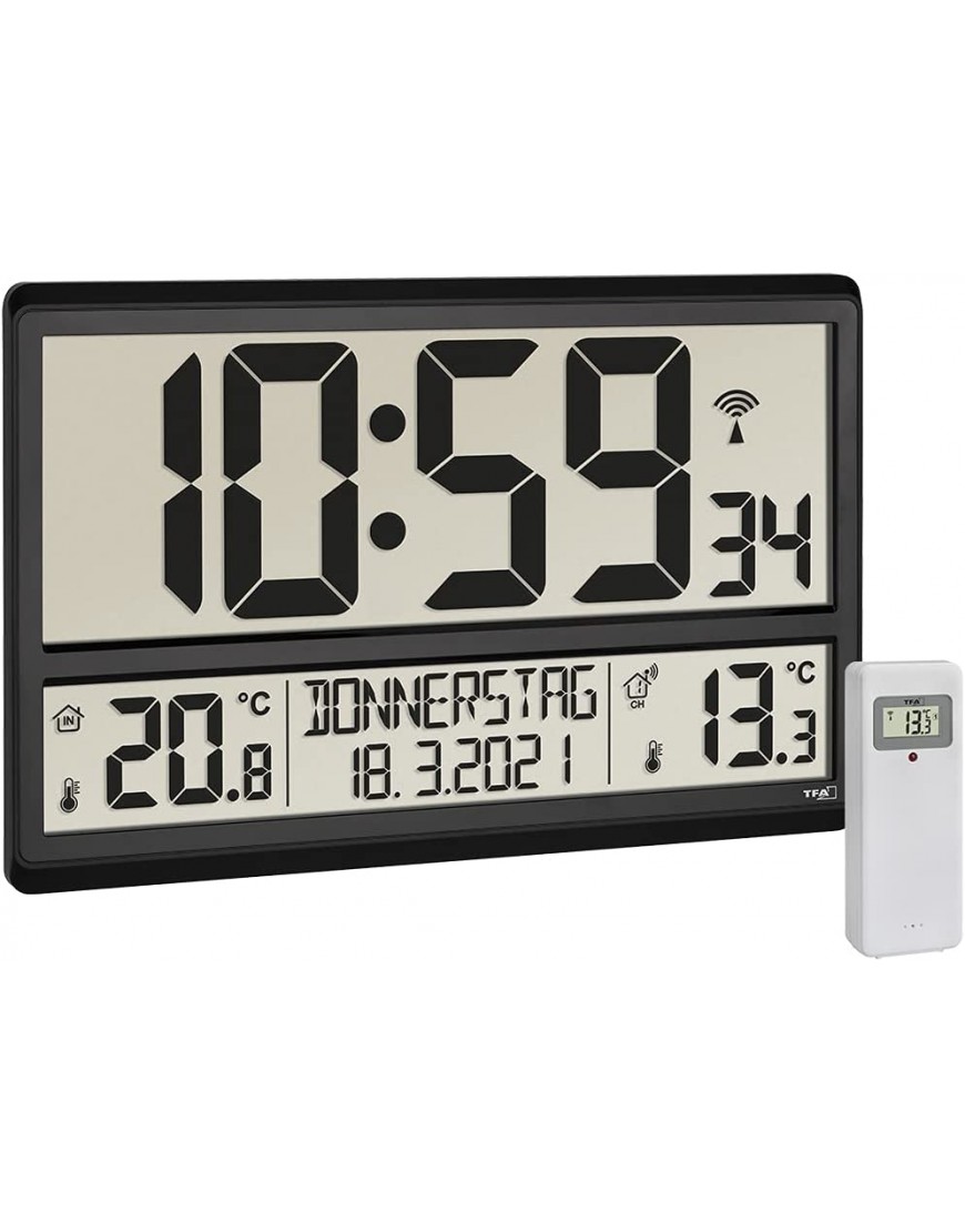 TFA-Dostmann Horloge Murale Radio-piloté Digitale XL 60.4521.01 avec température extérieure température intérieure Jour de la Semaine 8 Langues Horloge Radio Date Noir B09372PZVY