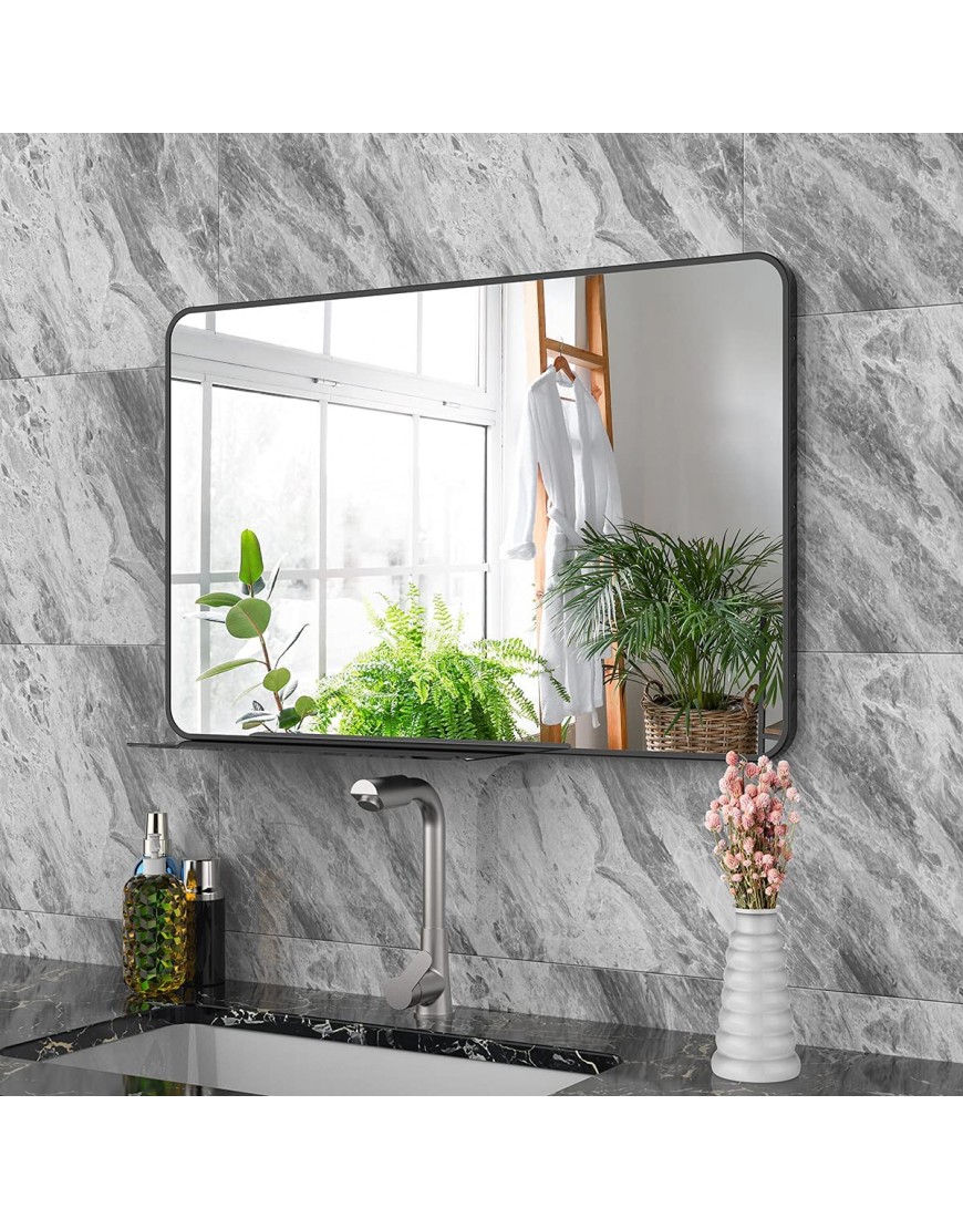 Miroir mural rectangulaire avec étagère 71 x 46 cm grand miroir de salle de bain avec cadre en métal noir et crochets film anti-déflagrant pour salle de bain chambre à coucher salon B09D7K2GFH