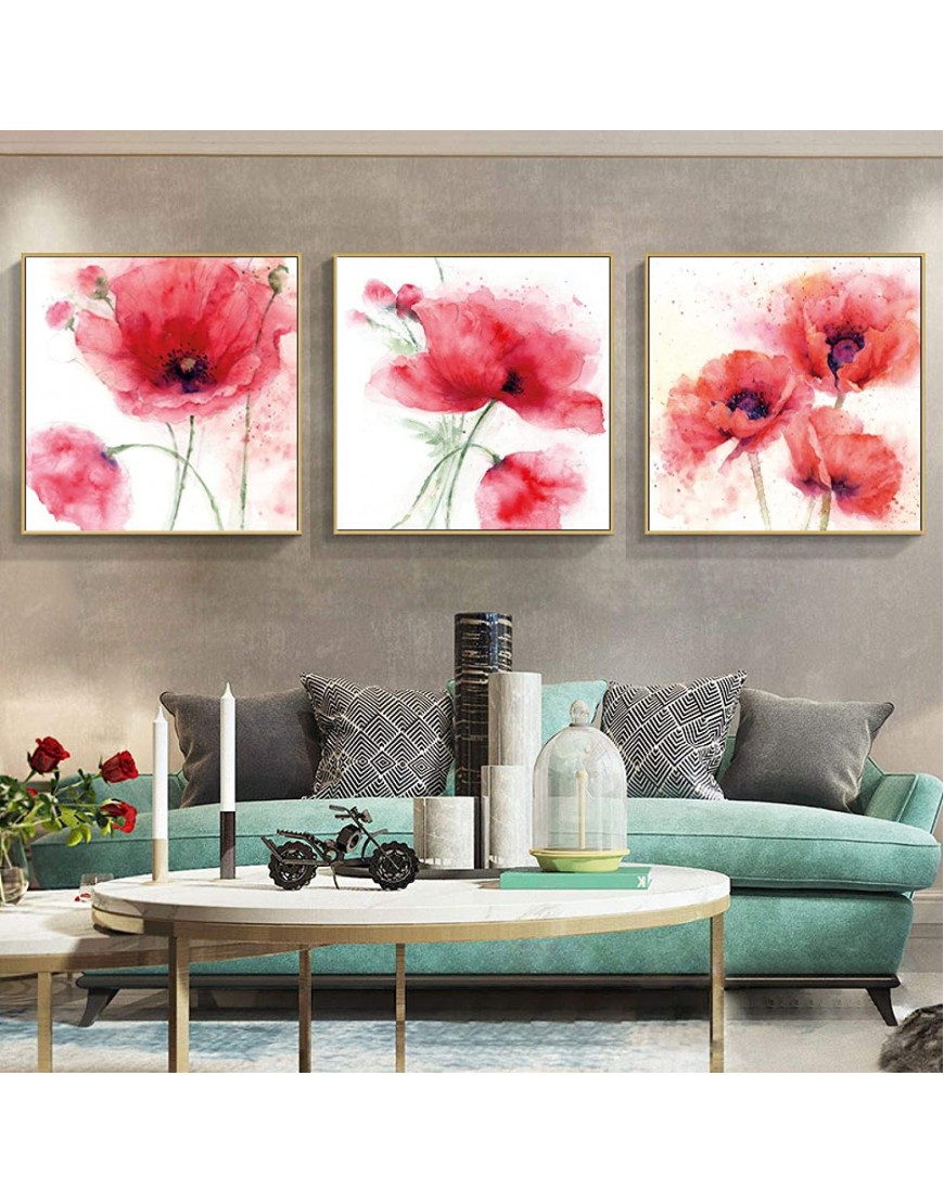 NIEMENGZHEN Tableaux sur Toile Moderne Abstrait Aquarelle Fleurs Affiches et Impressions Mur Art Toile Peinture Rouge Coquelicot Photos pour Salon Décor 30x30cmx3 avec Cadre B09SLMBD63